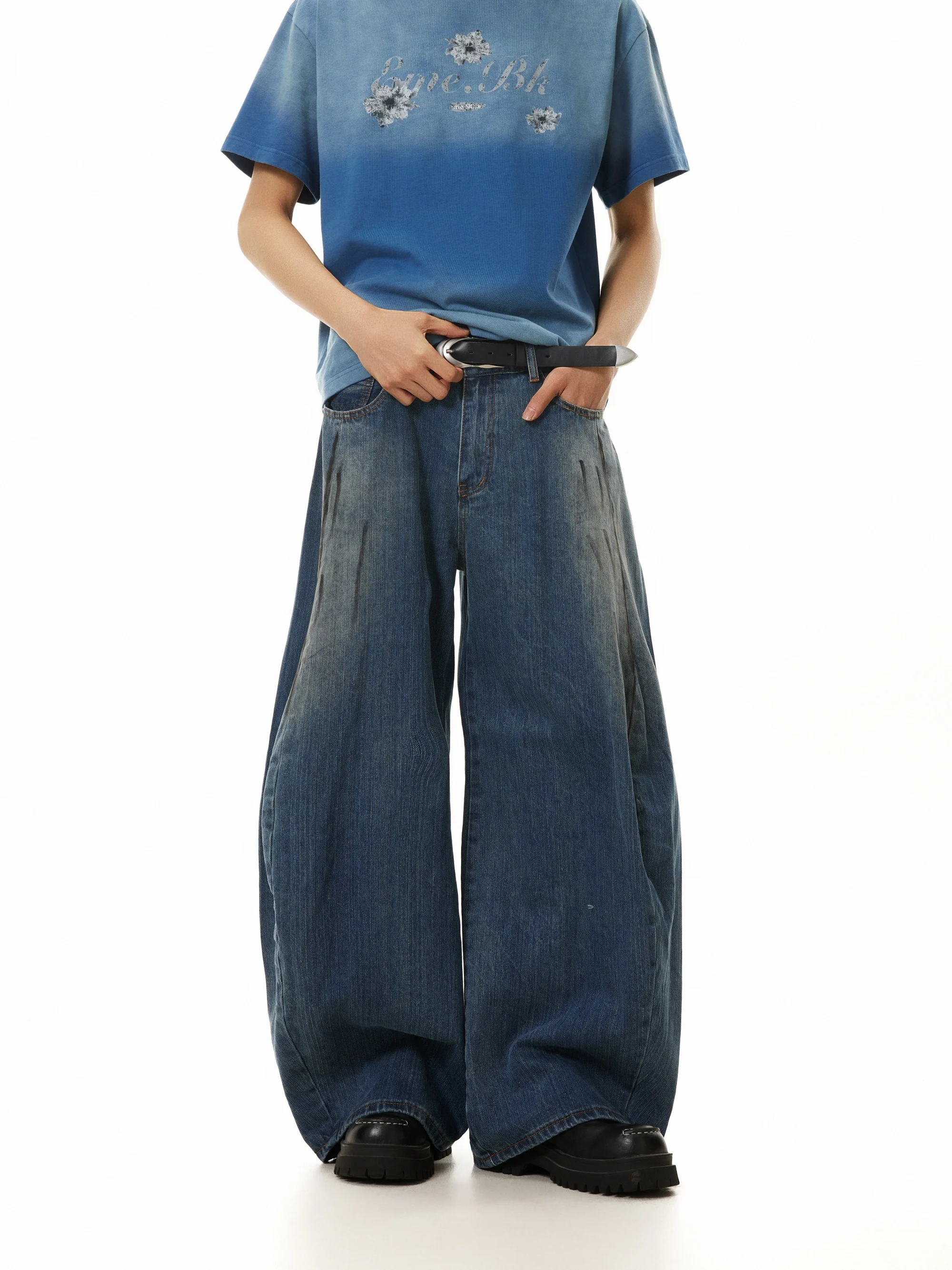 Amerikaanse retro noodlijdende vuile geverfde ontwerp Machete Jeans losse gedrapeerde casual broek met wijde pijpen