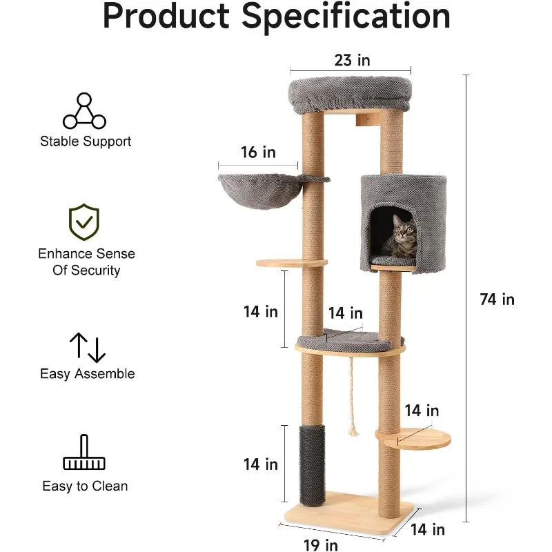 74 Inch Large Cat Tower Wall-Mounted, Solid Rubber Wood Cat Wall Shelves, Cat Condo with Scratch-Resistant Fabric