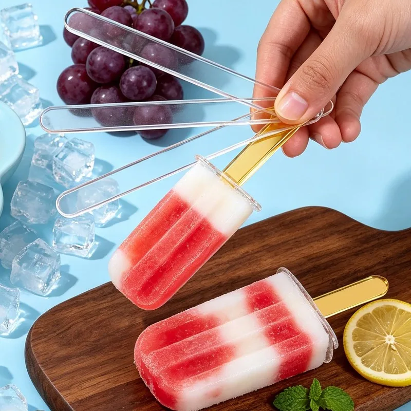 Wiederverwendbare Transparente Eiscreme-Stäbchen Goldene Acryl-Eisstiele Kuchen-Süßigkeiten-Dessert-Zubehör für Hochzeit Party Dekoration Küchenbedarf