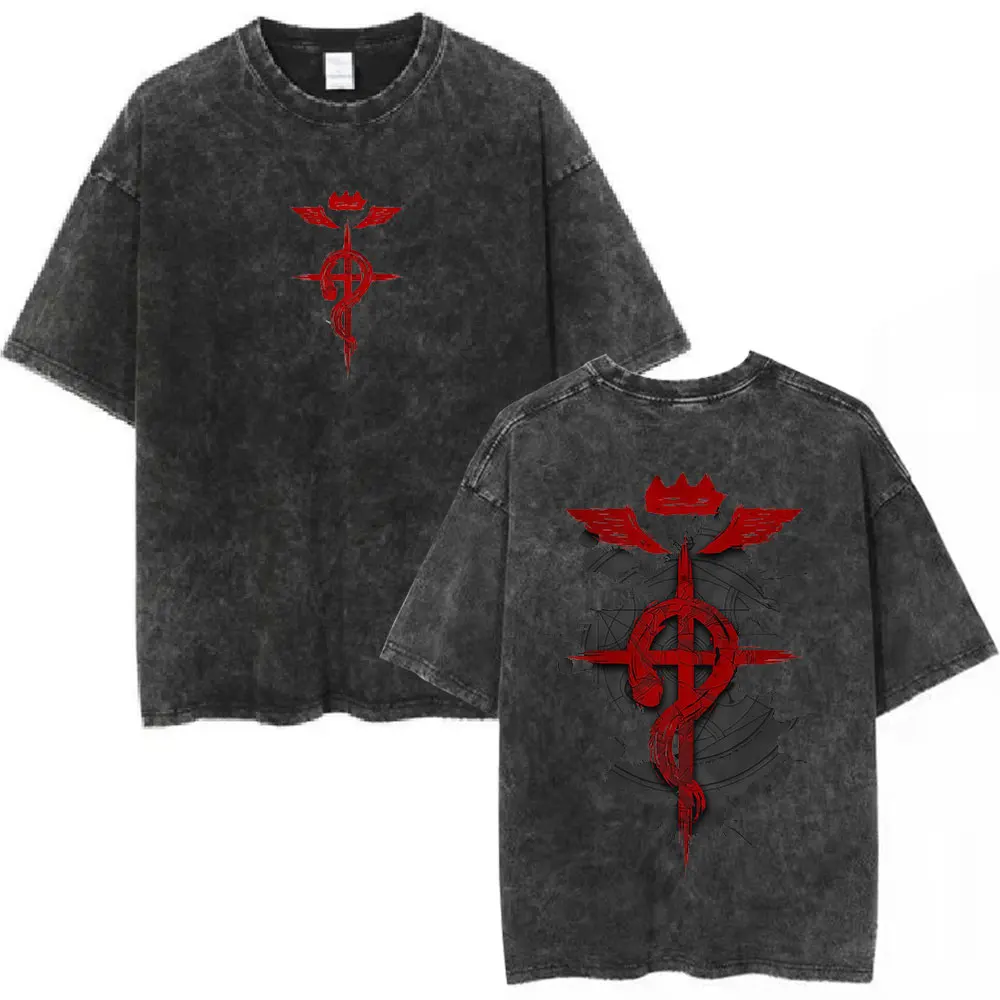 Anime Fullmetal Alchemist T Shirt Manga Fullmetal Fusion T-Shirt Men Women Fashion Casual Washed Oversized T-shirts Streetwear