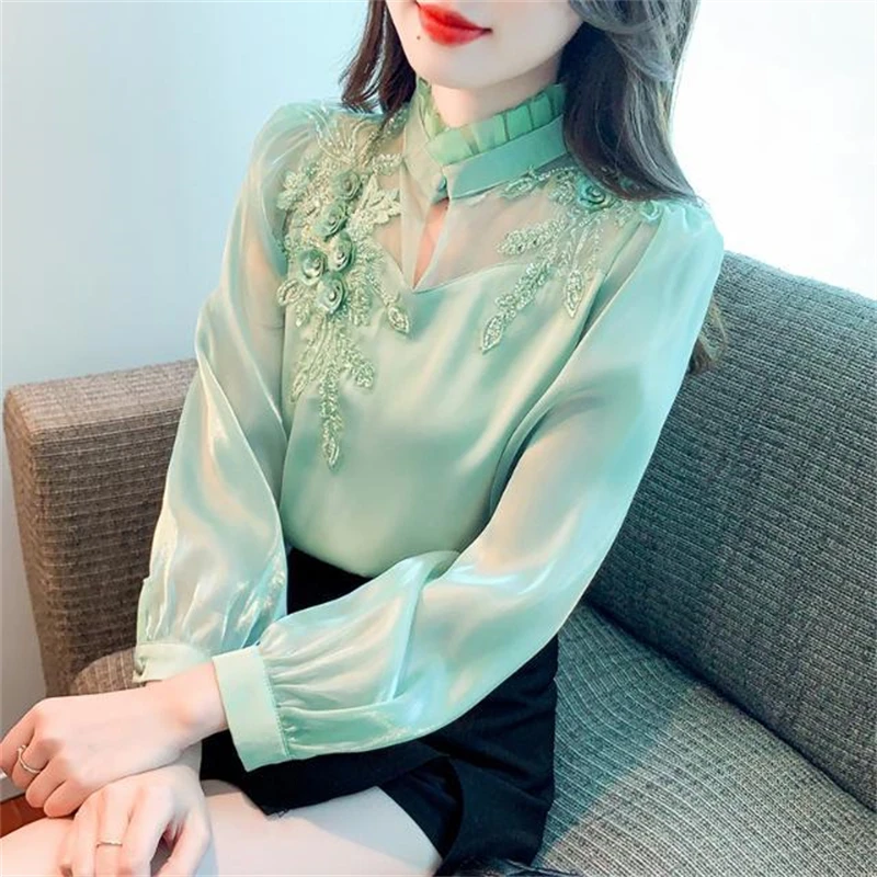 Women Satin Vintage Embroidery Elegant Blouses Spring Autumn Fashion Stand Collar Sexy Hollow Shirts Green Long Sleeve Chic Tops