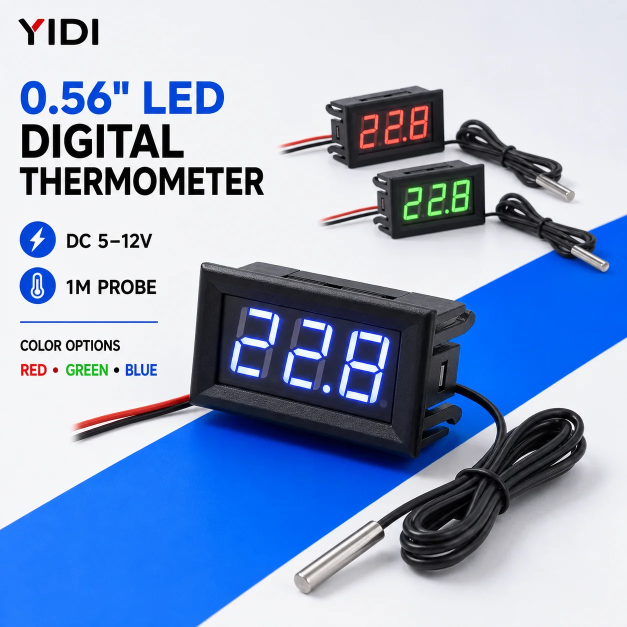 0,56 Zoll LED Digital-Thermometer DC 5-12V Panel-Temperaturmesser mit 1M Sondensensor für Auto, Aquarium, Inkubator