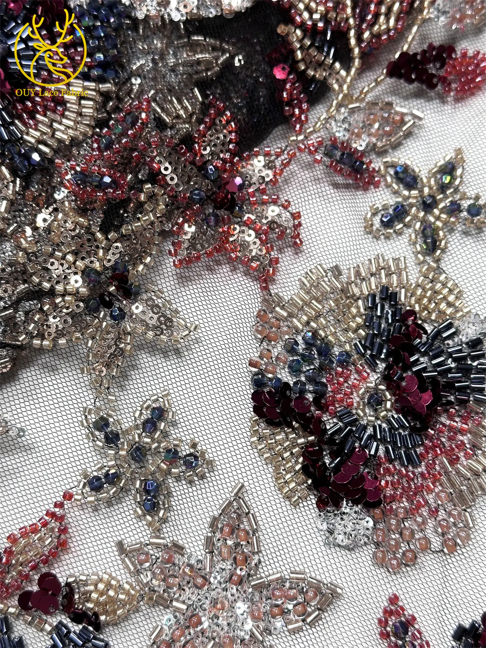 Modischer nigerianischer bestickter Perlen-Spitzenstoff, eleganter afrikanischer Pailletten-Netzstoff für Brautkleider und Partykleider zum Nähen – Detail 33