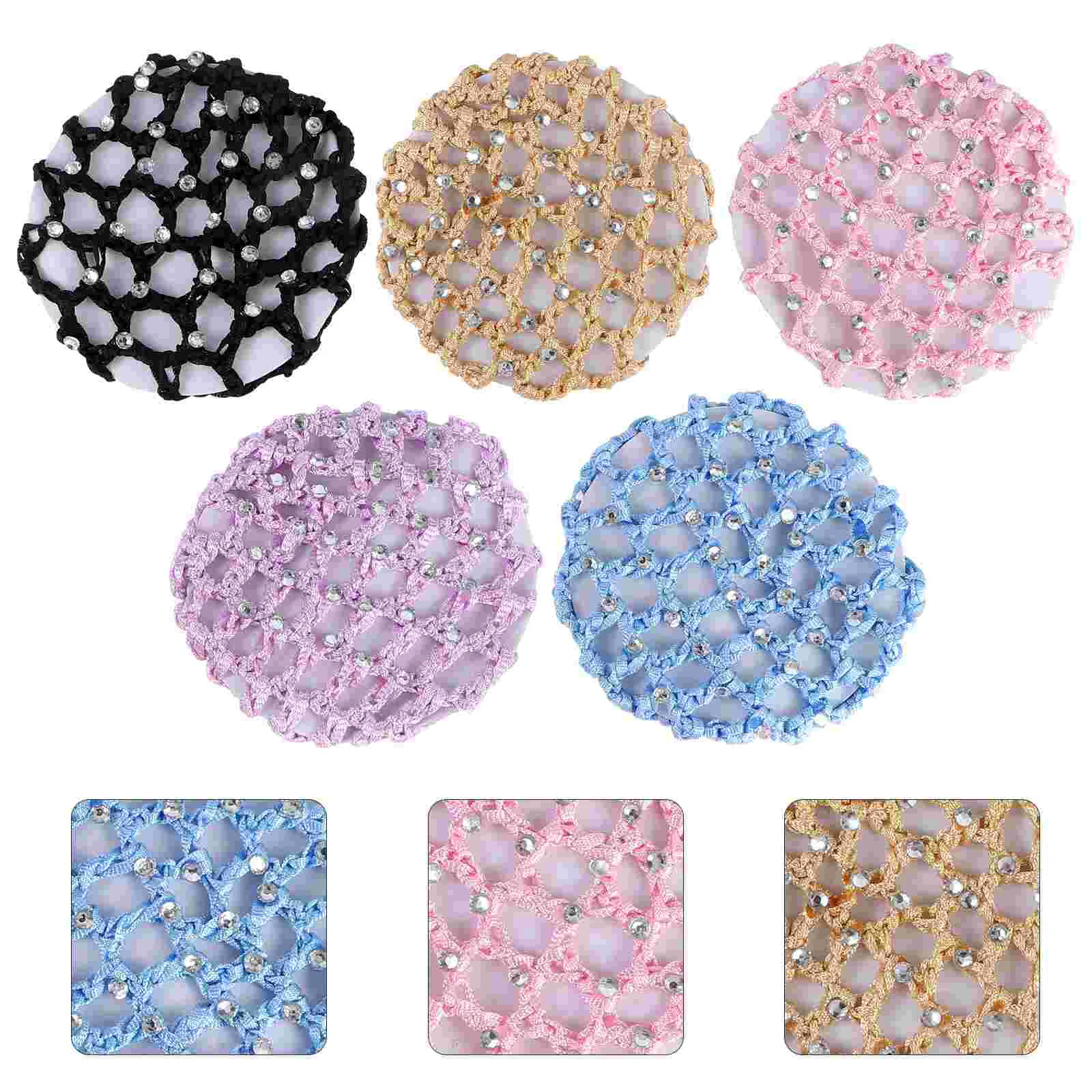 5pcs Elastic Hair Snood Net Handmade Crochet Hairnet Heardress for Dance Performance (Black + Maize-yellow + Light Purple + Pink