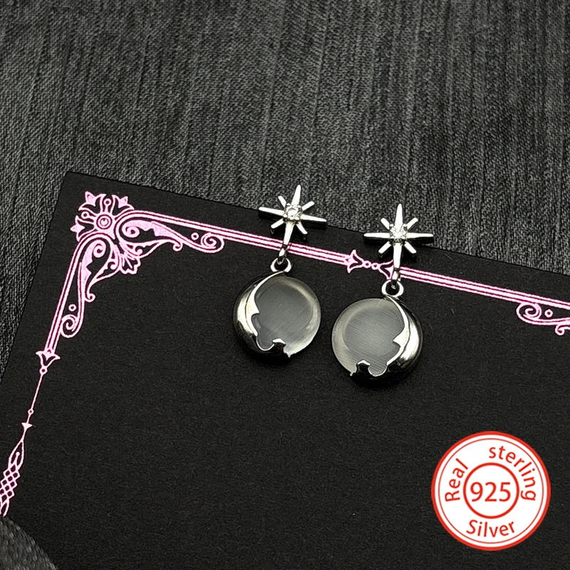 

925 Sterling Silver Zircon Starburst Moon Drop Earrings for Women Girls Spiritual Stud Earring Luxury Wedding Jewelry Gift