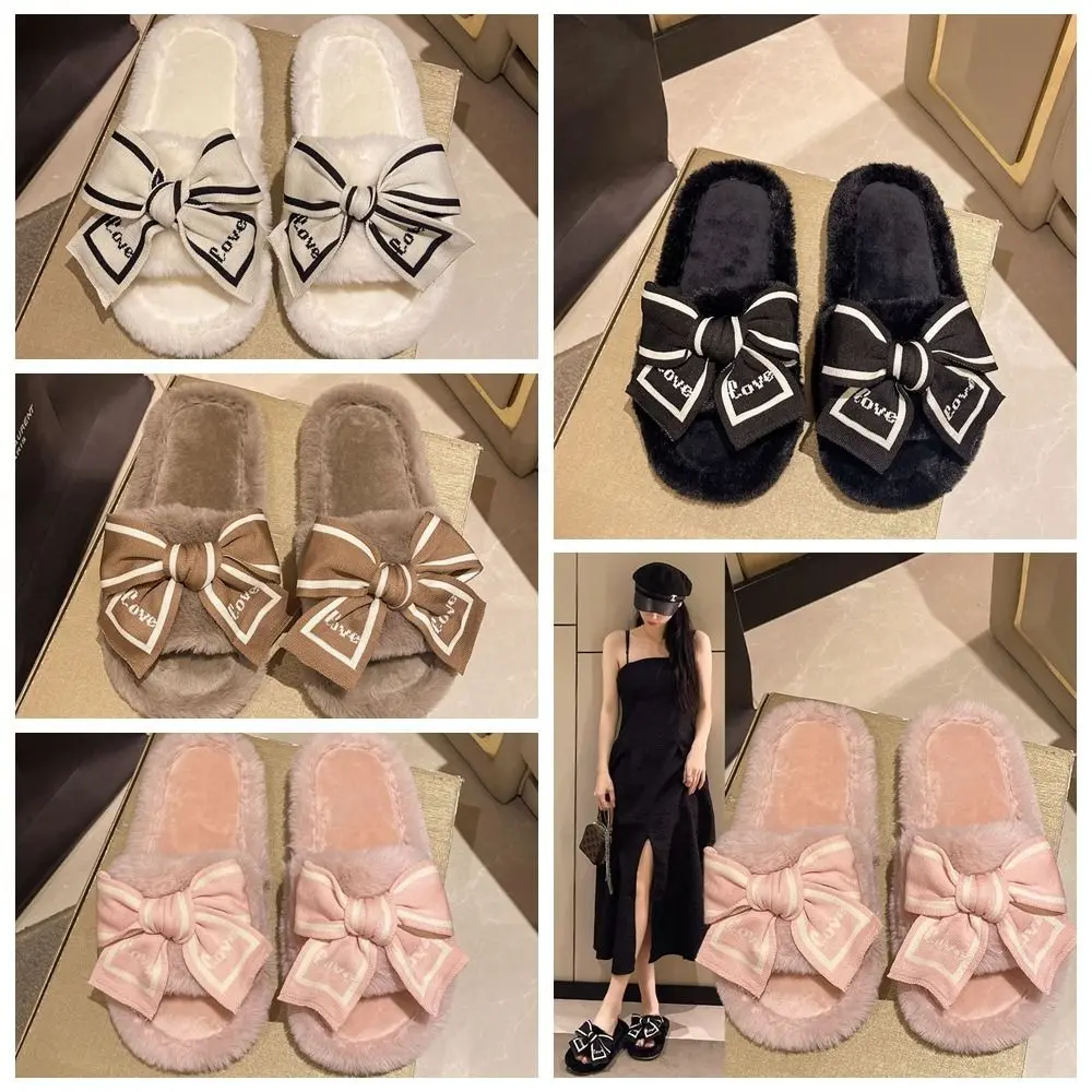 

Winter Soft Bowknot Fur Slippers Thick Sole Warm One-line Slippers Cute Non-Slip Home Slippers Shoes Bedroom
