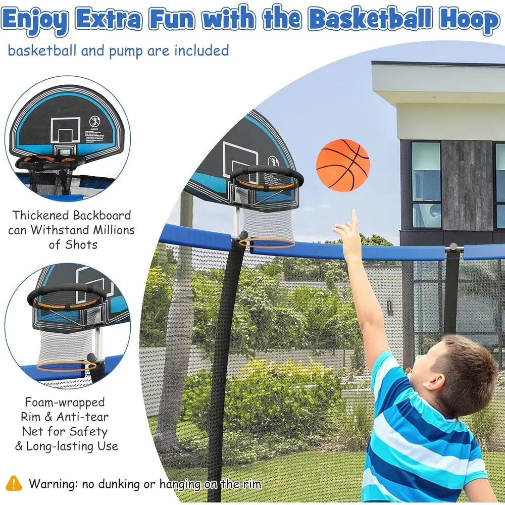 

All-Weather Outdoor Trampoline with Basketball Hoop, Safety Enclosure, and Pump for Kids and Adults
