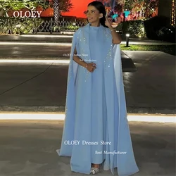 OLOEY Elegant Custom Made O Neck Beading Arabic Evening Dress With Cape For Women Wedding Party Light Blue Modest Prom Dress