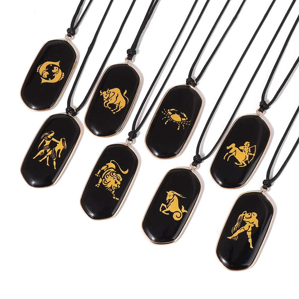 2025 New Obsidian Pendent Necklace 12 Constellation Zodiac Sign Leo Virgo Jewelry Gift Double Sided Carved Stone Rope Necklace