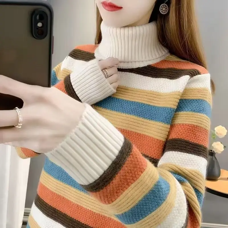 Autumn Winter Women Stylish Striped Contrast Color Turtleneck Knitted Sweater Long Sleeve Loose Thick Warm Pullover Tops Jumpers