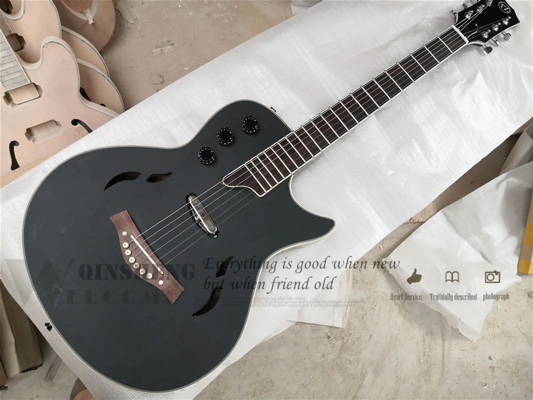 Matte black electric Guitar Semi-hollow Guitar Wood Bridge Rose wood fingerboard mahogany body Chrome hardware factory custom