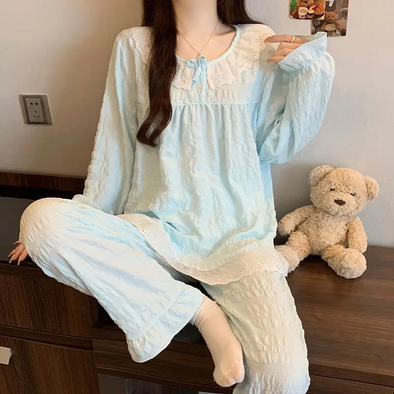 

Комплекты женских пижам из хлопка с длинным рукавом, весна 2026, в корейском стиле, милые, с кружевом, для сна, домашняя одежда, пижама для женщин