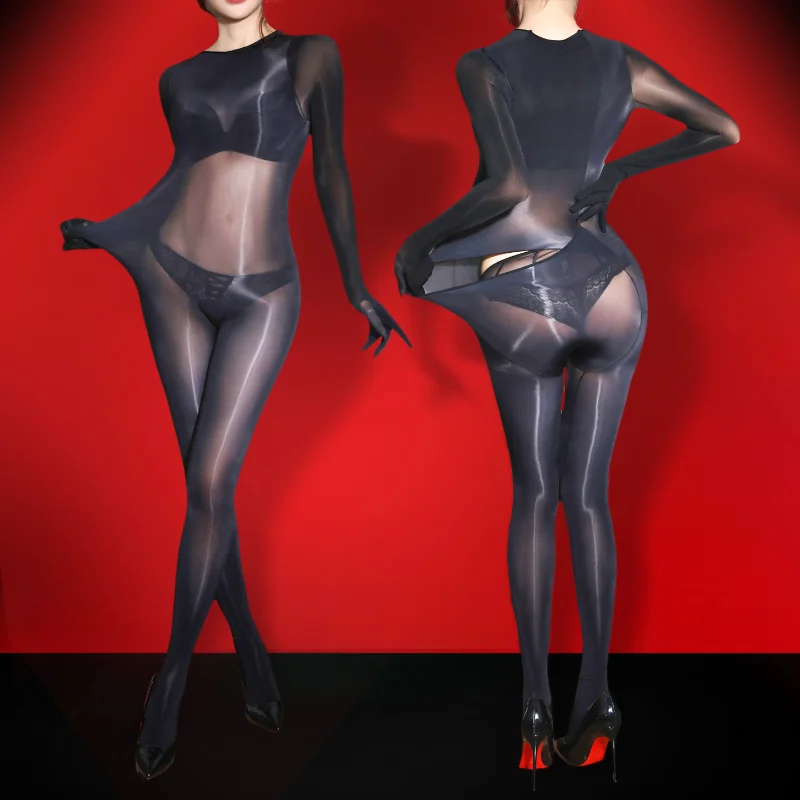 المرأة كامل الجسم جوارب طويلة مرونة جدا النفط لامعة لامعة الحرير بذلة مع خمسة أصابع شفافة الملابس الداخلية الملابس الداخلية الغريبة #2
