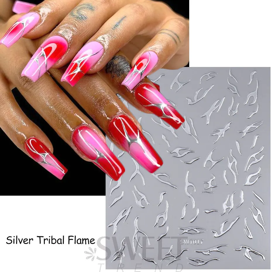 Metallic Silver Flame Nail Stickers Striped Wavy Line Tribal Fire Tatton Slider Holographic 3D Manicure Tips Decoration JISW-T