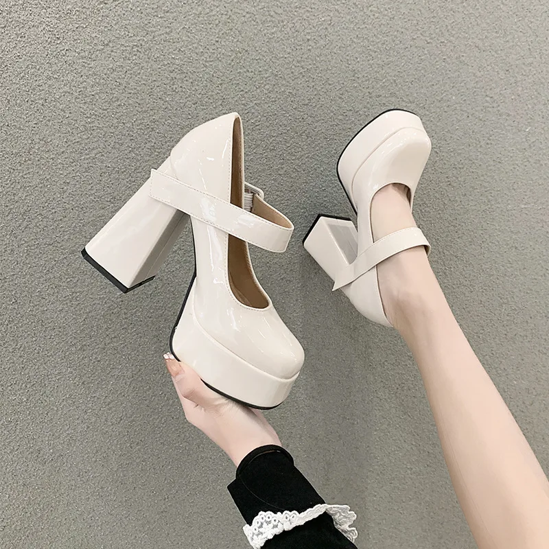 12 سنتيمتر الترا عالية الكعب ماري جين مضخات للنساء صندل بكعب مكتنز النمط الفرنسي براءات الاختراع والجلود فستان أحذية مع حزام الكاحل