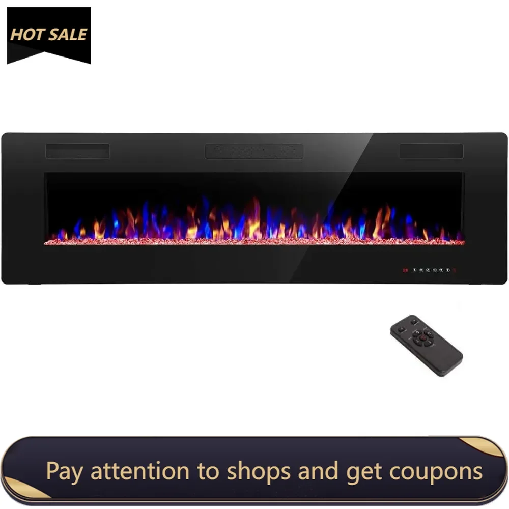 

60" Recessed and Wall Mounted Electric Fireplace, Low Noise, Remote Control with Timer, Touch Screen, Adjustable Flame Color