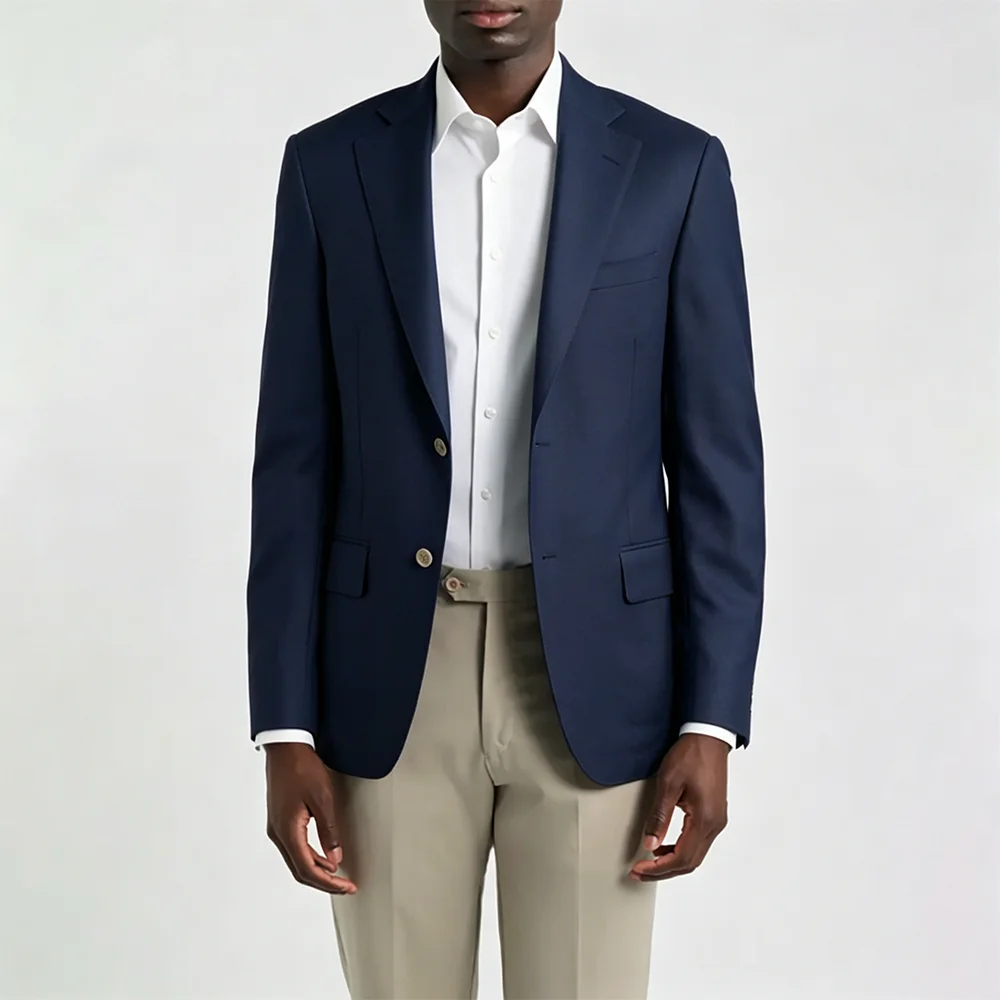 Understated Men Navy Blue Suit Single Breasted Blazer Lightweight Casual Business Wedding Jacket+Matching Khaki Trousers Set