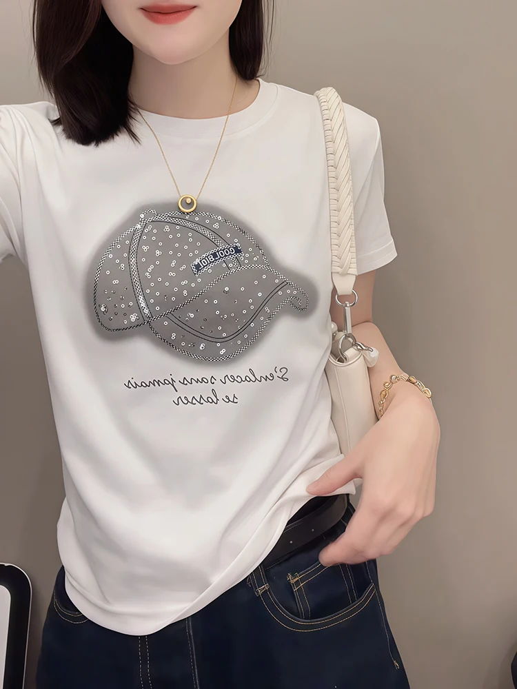 European style fashion sequined short sleeved T-shirt women in summer 2025 loose fit slimming and age reducing trend top