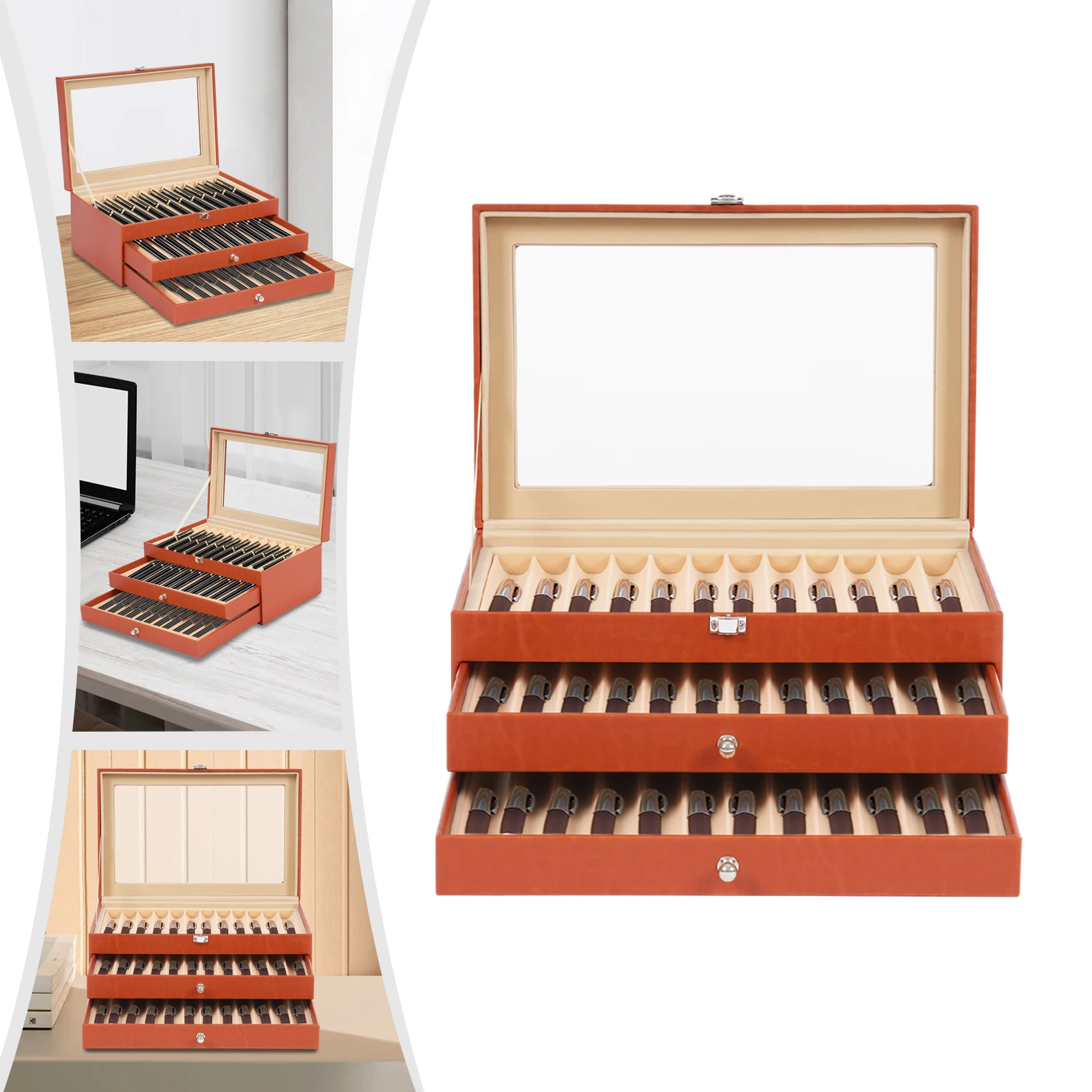 Vitrine de caneta tinteiro-casaco de exibição de coleção de caneta, caixa de exibição de armazenamento de caneta tinteiro de 3 camadas, 36 slots, caixa de coletor de madeira