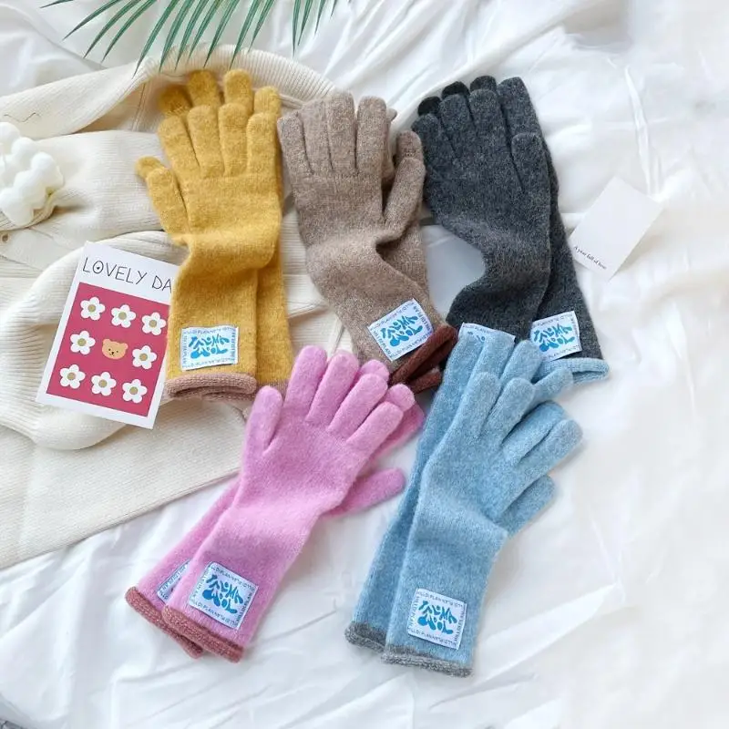 Gants chauds bouclés avec étiquette mi-longue coréenne pour femmes, gants tricotés à cinq doigts pour écran tactile Dopamine, blocage de couleur