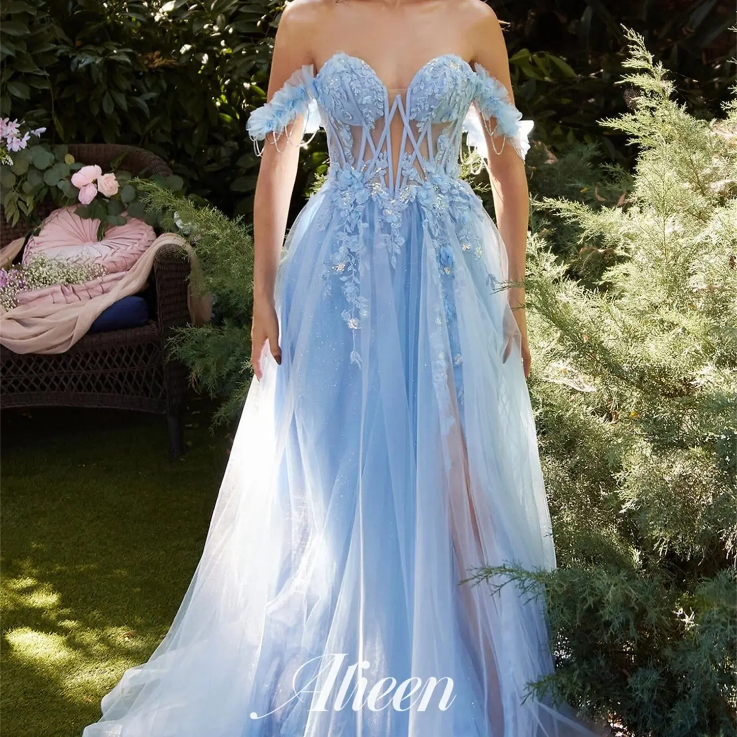 

Aileen Light Blue Lace Shiny Sweetheart Elegant Party Dresses for Women Luxury Woman Evening Dress Prom Wedding Sharon Happy