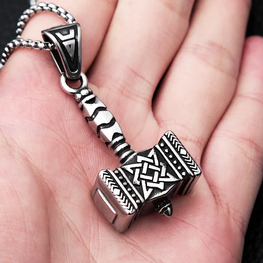 Viking Thor Hammer Stainless Steel Pendant Necklace Retro Norse Mythology Lucky Neck Unisex Fashion Jewelry Gifts Drop Shipping