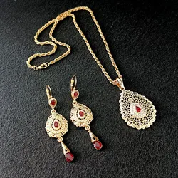 Moroccan Wedding Jewelry Set Gold Color Drop Earrings Algerian Ladies Pendant Necklace Arabian Bridal Jewelry Party Gifts