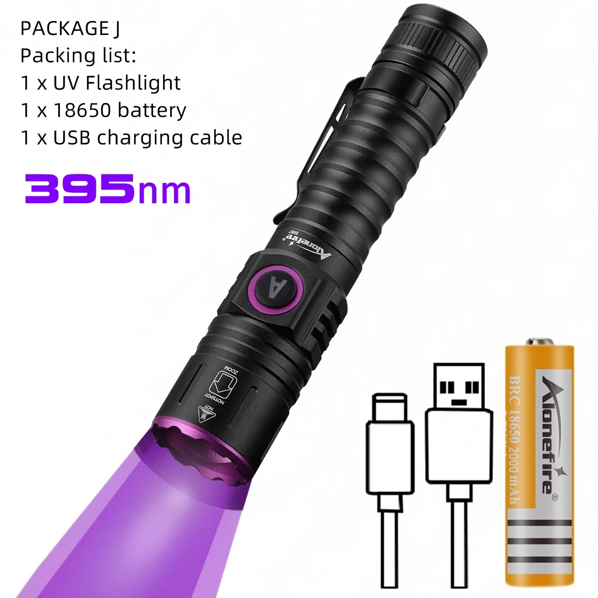 Zoom UV LED-zaklamp 365 395 nm Type-C Opladen Onzichtbare inkt Marker Kat Hond Urine Tinea Erts Geld Schorpioen Fluorescentie Licht - afbeelding 1