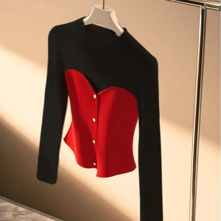 

New Year Red Color-blocked Round Neck Top 2025 Winter Thickened Inner Layer High-end Shirt for Women