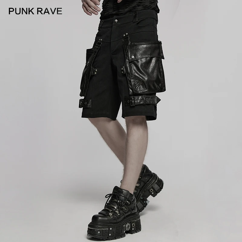 PUNK RAVE Men's Punk Twill Woven Wrinkled Faux Leather Shorts 3D Oversized Pockets Visual Impact Cool Casual Trousers