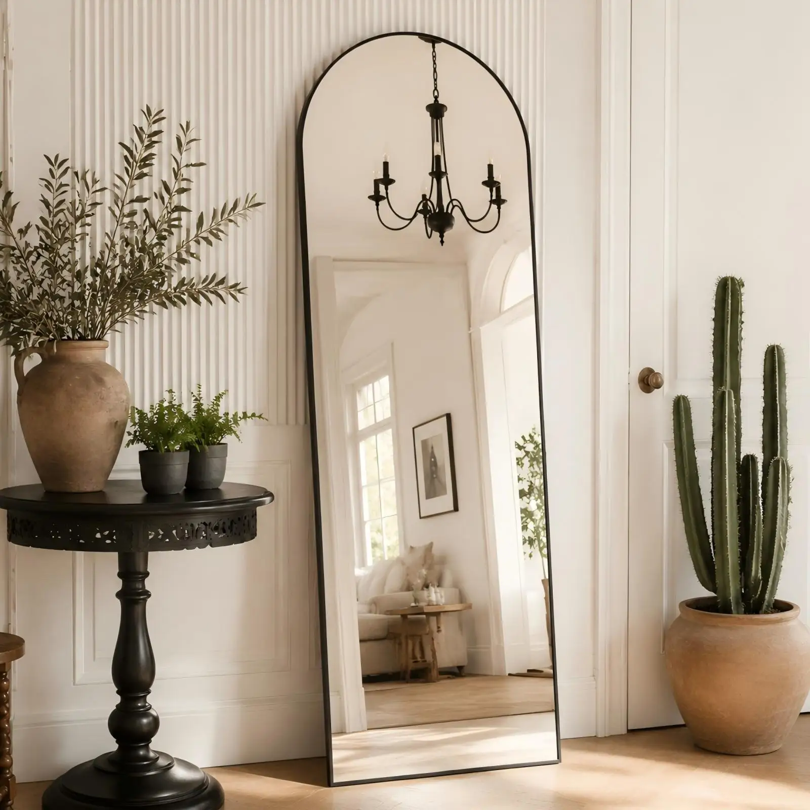 16.2 inch by 59 inch arched full length standing floor mirror in black finish