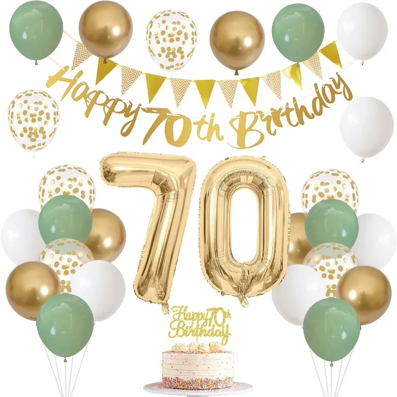 Sage Green Gold White 70th Birthday Decorations for Birthday Balloons Happy 70th Birthday Banner Cake Topper 70 Year Old Decor