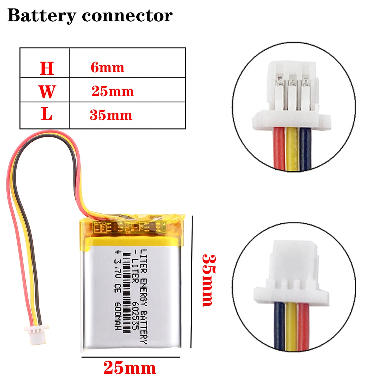 3 핀 커넥터, 3.7V 리튬 폴리머 배터리, 602535 062535 600mAh 비디오 레코더 388
