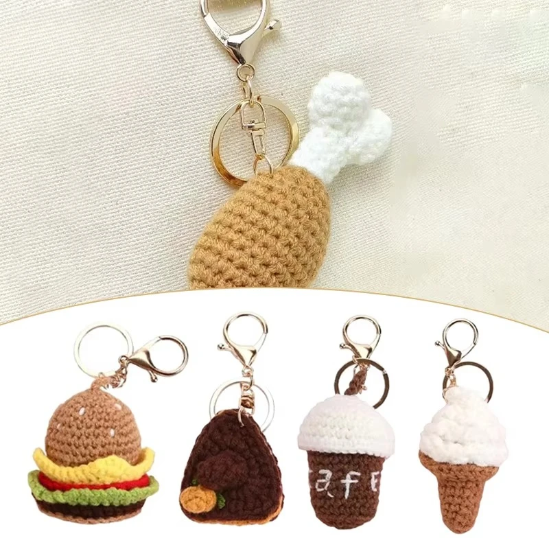 

Creative Knit Keychain Cartoon DIY Burger Ice Cream Pendant Keychain Charms Handmade Pendant for Girl Cute Gift Car Decorations