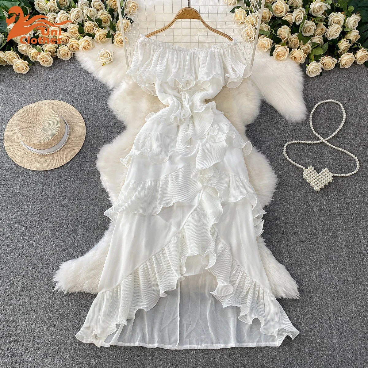 

UNI Summer Off Shoulder Ruffles Vacation Dresses Women Sleeveless Slash Neck Irregular French Split Solid Fashion Sundress