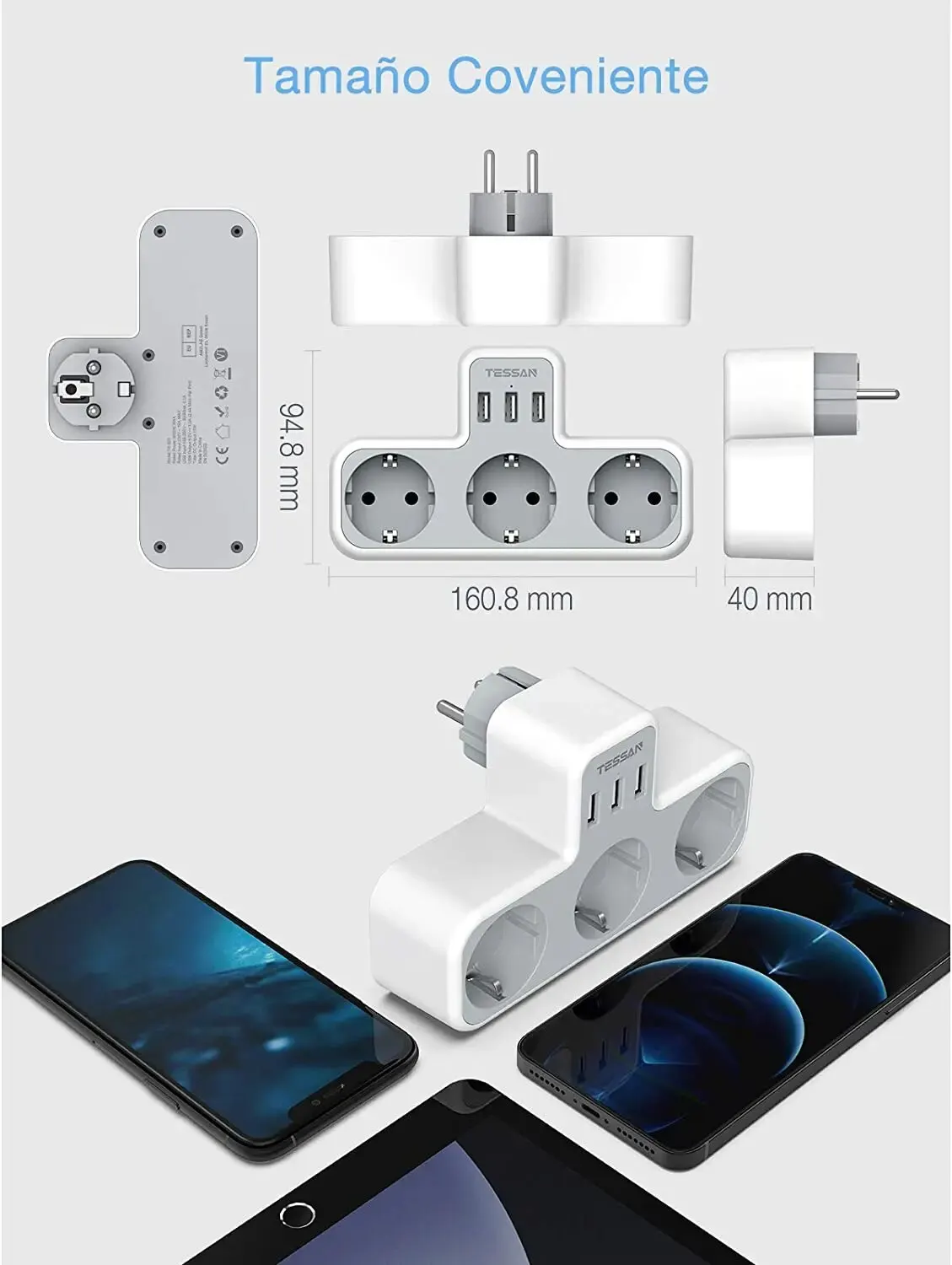 TESSAN Listwa zasilająca z wtyczką EU z 3 gniazdami AC + 3 portami USB, ładowarka ścienna 6 w 1 Adapter gniazda zasilania Zabezpieczenie przed