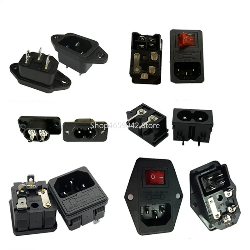 1pc IEC320 C14 Power Socket with Rocker Switch 3 Pin Red LED 250V 10A Fuse Female/Male Inlet Plug Connector 2 Holes Socket Mount