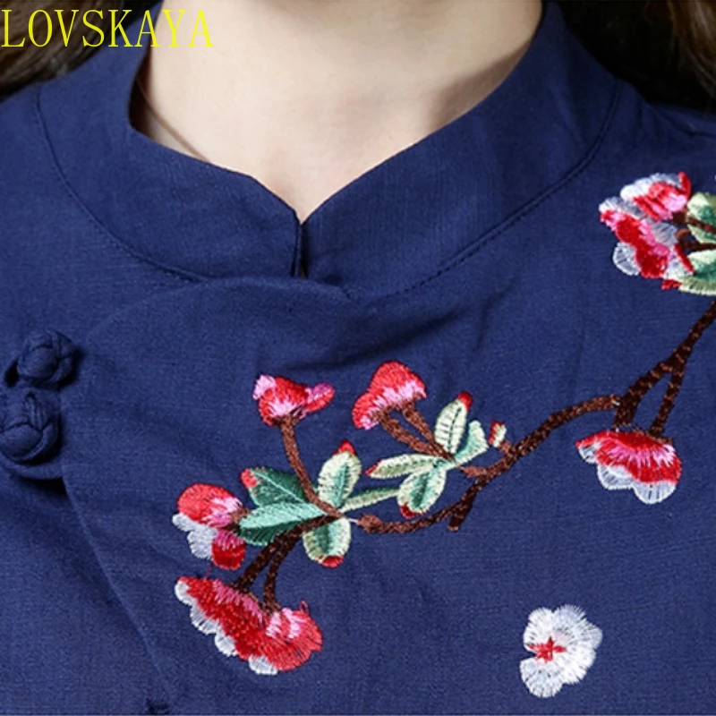 Cotton Linen Chinese Style Women's Shirt Blue and White Hanfu Embroidered Retro Summer Loose Hanfu Traditional Top