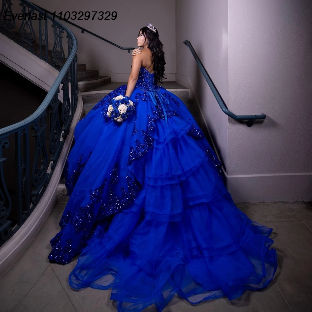 EVLAST Customized Royal Blue Quinceanera Dress Ball Gown Sequins Applique Beading Mexico Sweet 16 Vestido De 15 Anos QD1148