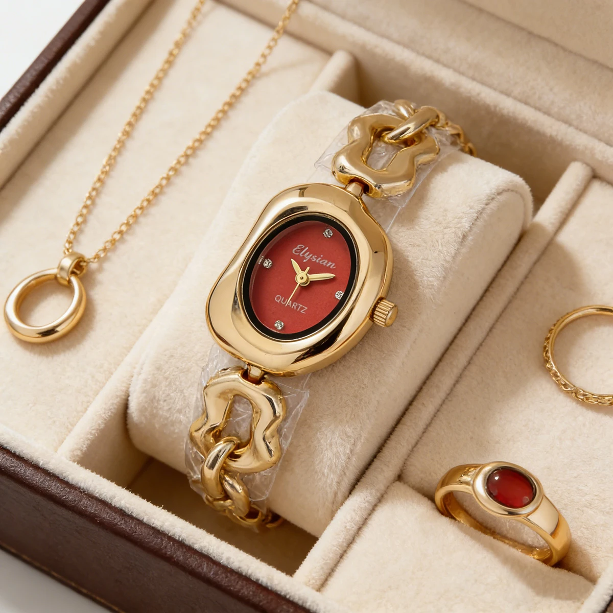 Fashionable Casual Oval-Shaped Women's Watch with Integrated Chain Bracelet, Stylish Quartz Wristwatch for Women