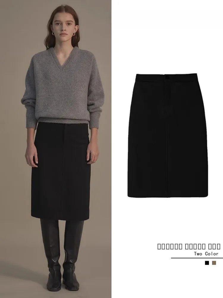 

Женская шерстяная юбка А-силуэта с завышенной талией, универсальная, длинная, для повседневной носки, в корейском стиле, с молнией, однотонная