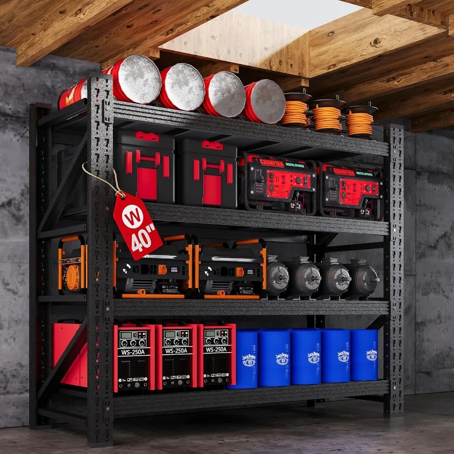 أرفف تخزين جراج شديدة التحمل 3000 رطل 40 وات وحدات رفوف فولاذية صناعية مع 4 طبقات للطابق السفلي أو المستودعات قابلة للتعديل #1