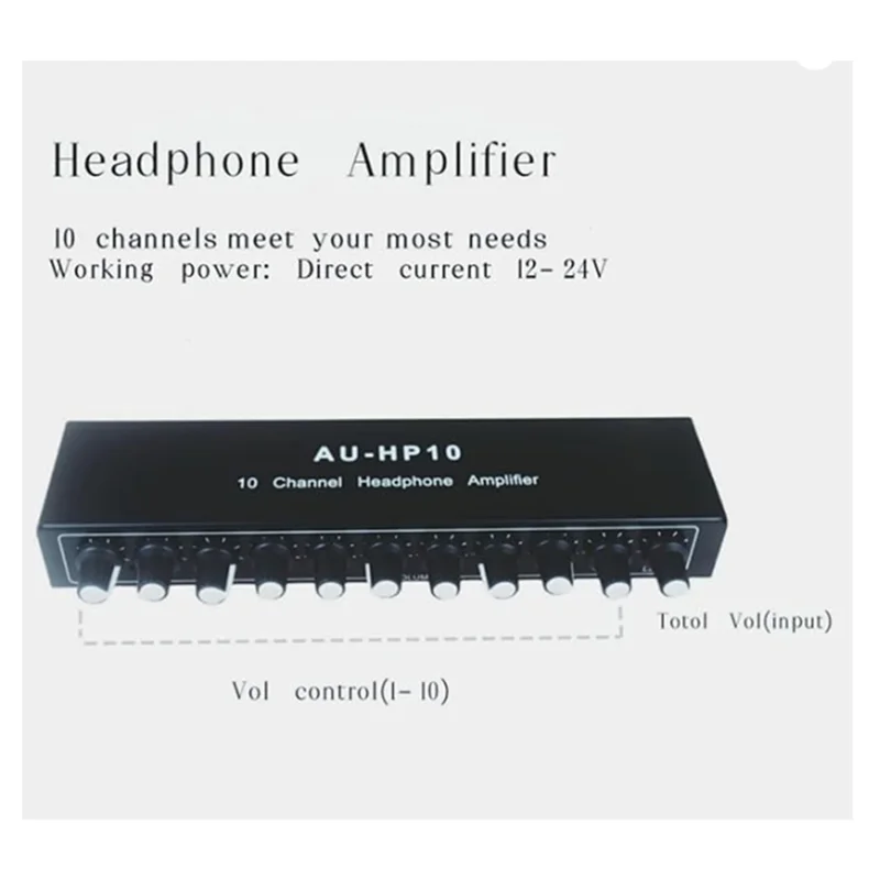 

-A20Z AU-HP10 10 Channel Headphone Headset Amplifier Audio Splitter DC 12-24V 20Hz-20Khz 12DB 16-600Ohm 3.5Mm Jack US PLUG