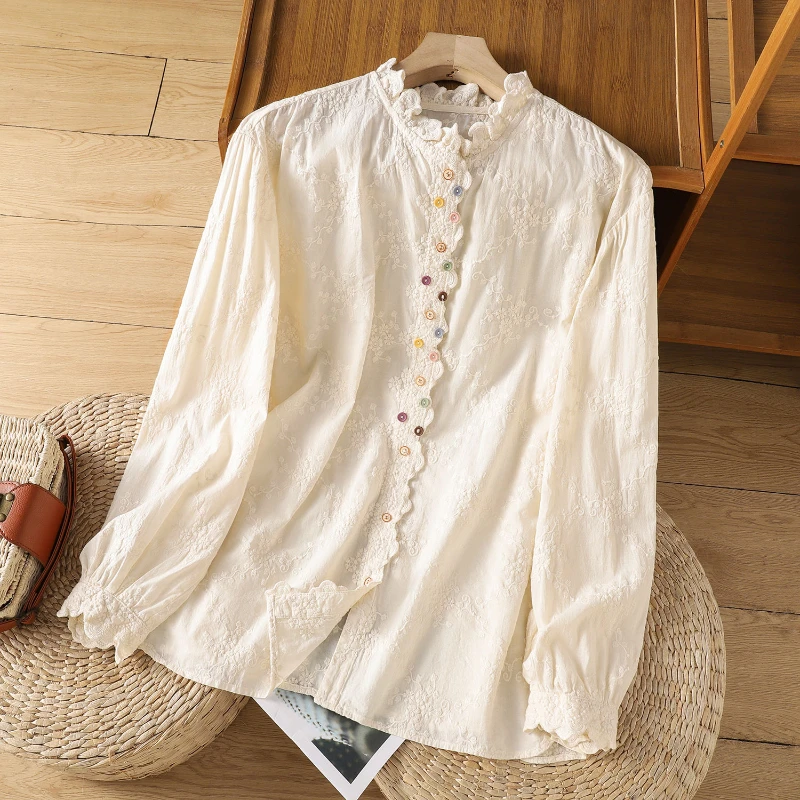 French Retro Lace Collar Embroidered Shirt for Women's Forest Style Literary Colorful Button Base Shirt Top