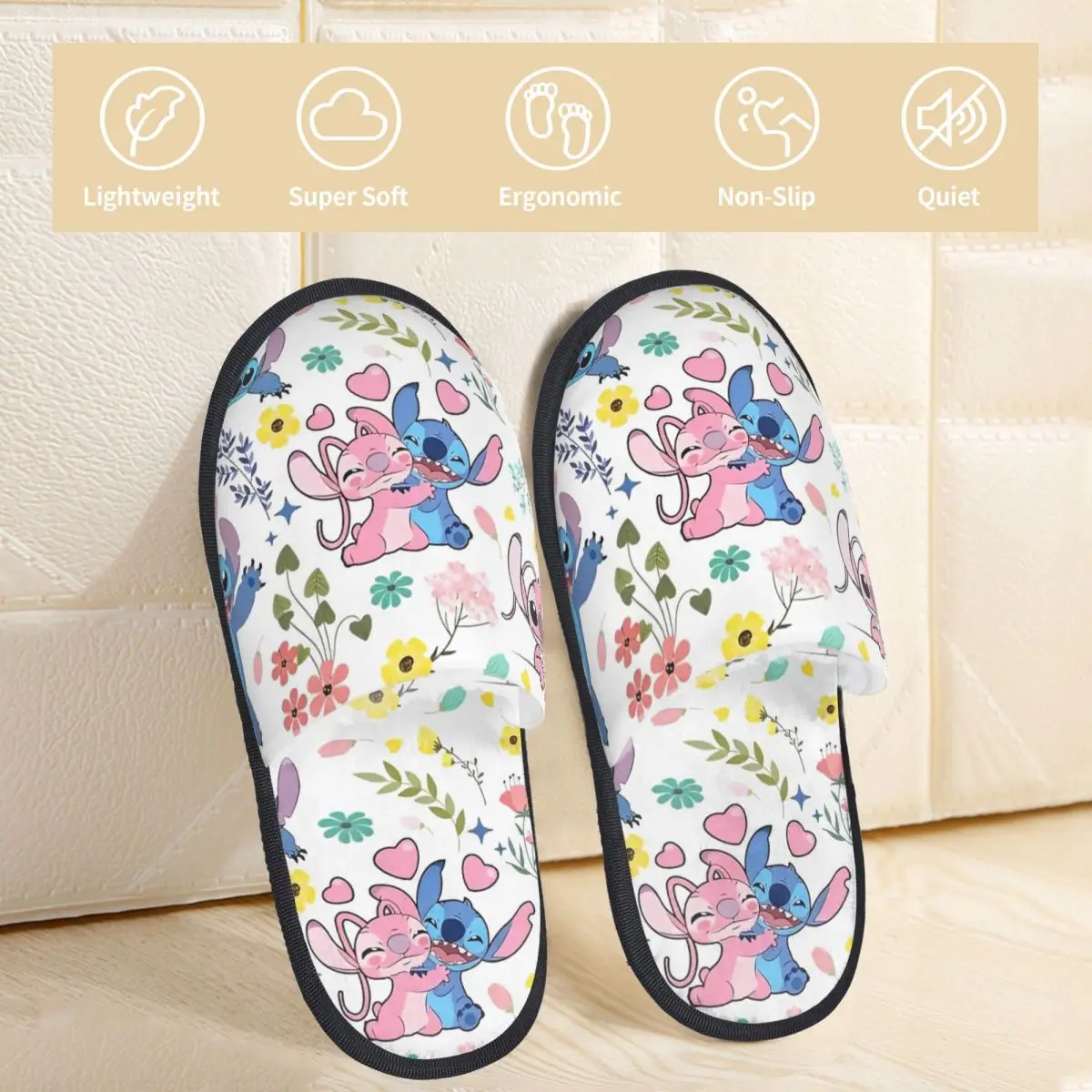 Cartoon Stitch And Angel Plush Slippers Indoor Soft Memory Foam Slippers Non-skid