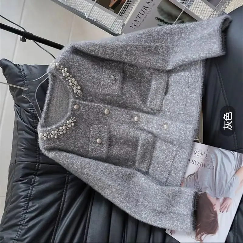 

Elegant Heavyweight round Neck Knitwear for Women Autumn Winter Outerwear New Style Beaded Knitted Cardigan Coat