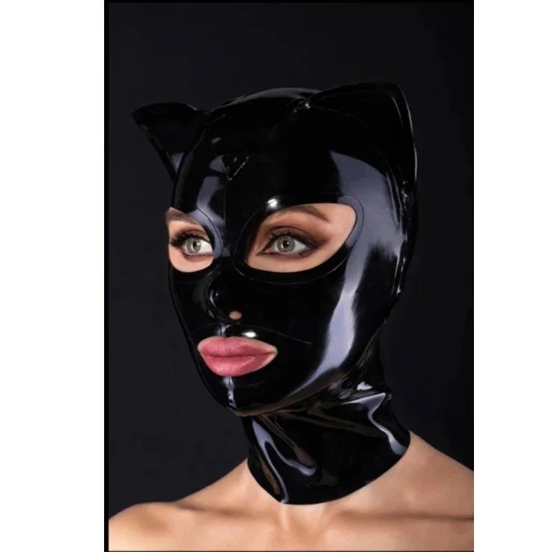 

Sexy black cat ear latex hood rubber mask back zip fetish custom made XS-XXL Halloween cosplay costume for women