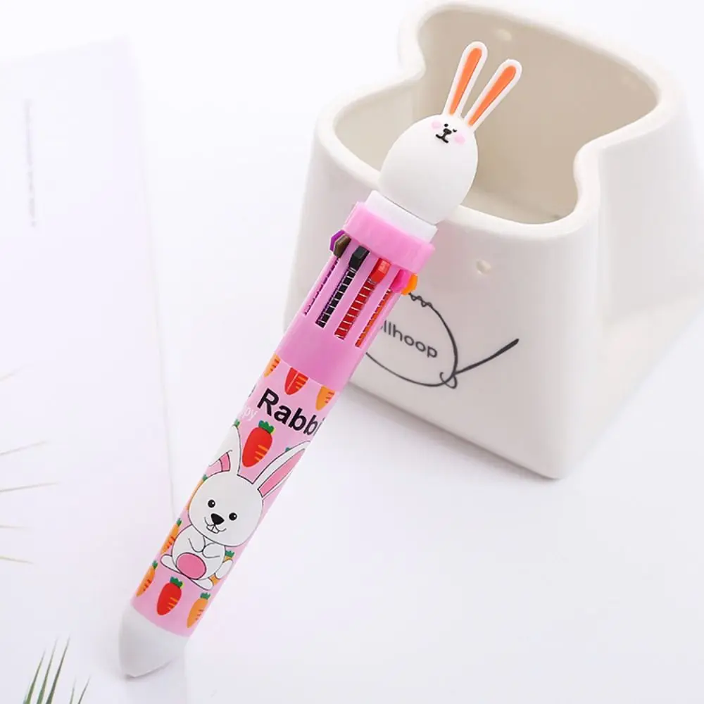 Cute Press-type 10-color Ballpoint Pen Cartoon Kawaii Signature Pen Quick-dry Ten-color In-one Neutral Pen Student Stationery