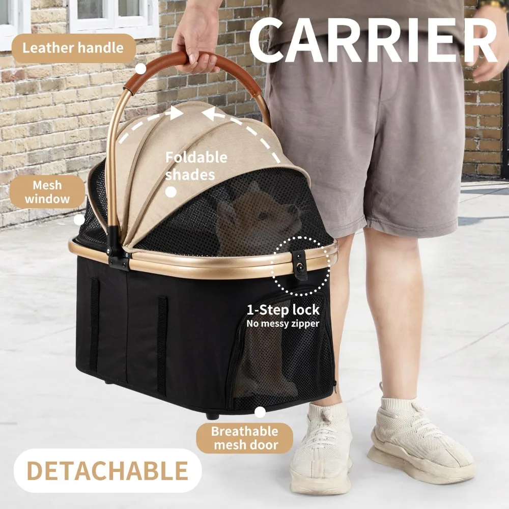 Kereta Dorong Hewan Peliharaan dengan 4 Roda, Tas Perjalanan Hewan Peliharaan Lipat untuk Anjing Kecil/Sedang dan Kucing hingga 50lbs, Tas Hewan Peliharaan Portabel yang Dapat Dilepas