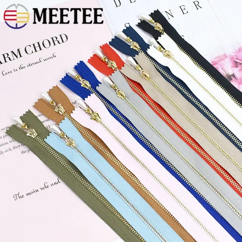 

Meetee 3/5Pcs 3# Metal Zippers Gold Sliver Teeth 15-30cm Close-End Pearl Slider Zip DIY Bag Garment Zips Sewing Accessories